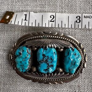 Silver Belt Buckle with 3 Kingman Turquoise Nuggets by Robert & Bernice Leekya